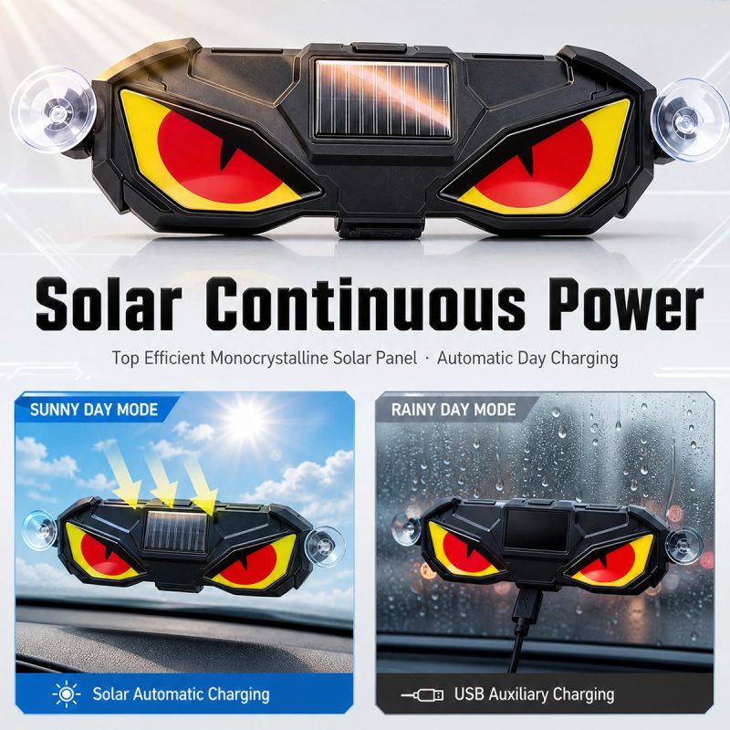 Solar Demon Eye Led Warning Ambient Light Solar Usb Charging Source graphic showing solar automatic charging and USB auxiliary charging references.