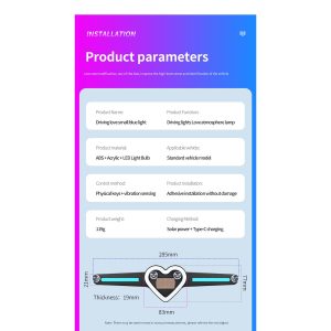 Solar Heart Shape Car Window Led Display Parameters Dimensions Source parameter graphic showing ABS + acrylic + LED material, physical key plus vibration sensing, Type-C plus solar charging, 119g weight, and 285mm