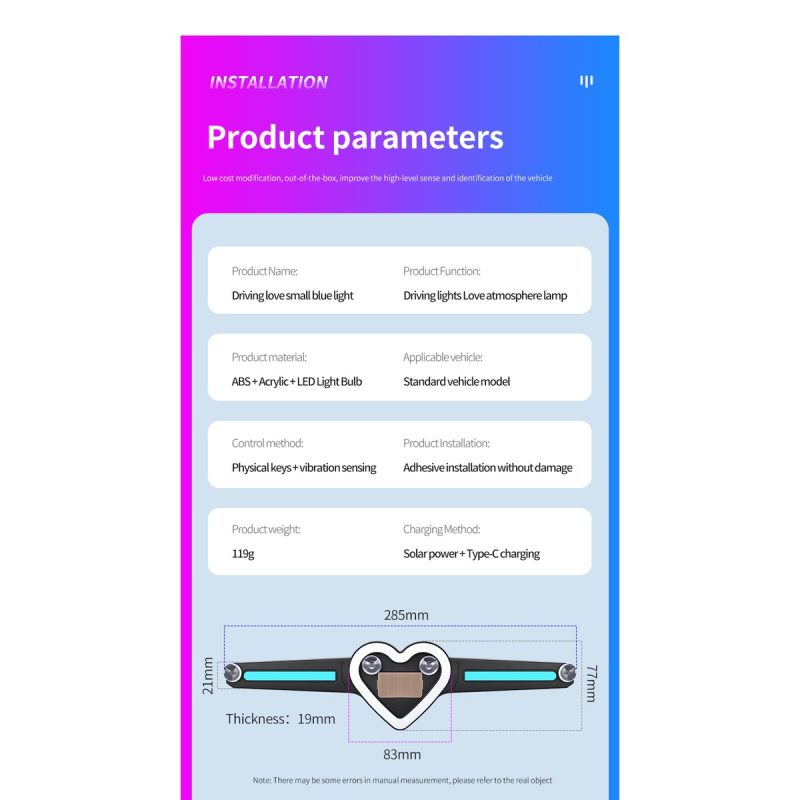 Solar Heart Shape Car Window Led Display Parameters Dimensions Source parameter graphic showing ABS + acrylic + LED material, physical key plus vibration sensing, Type-C plus solar charging, 119g weight, and 285mm