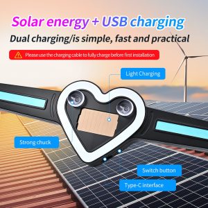 Solar Heart Shape Car Window Led Display Type C Charging Source graphic showing solar panel direction and Type-C charging reference.