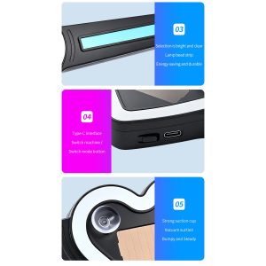 Solar Heart Shape Car Window Led Display Type C Suction Detail Detail graphic showing light strip, Type-C interface, button, and suction-cup reference.