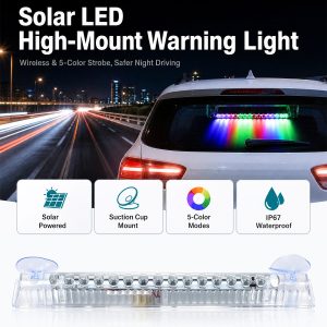 Solar Led High Mount Warning Light Feature Overview English feature overview showing solar power, suction cup mount, 5-color mode reference, and waterproof source claim.