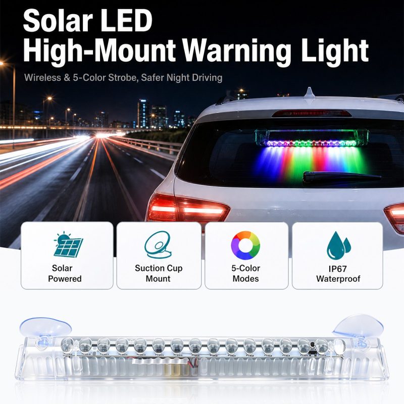 Solar Led High Mount Warning Light Feature Overview English feature overview showing solar power, suction cup mount, 5-color mode reference, and waterproof source claim.