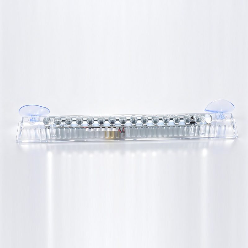 Solar Led High Mount Warning Light Front View Front product view showing the transparent housing, LED lens row, and suction cups.