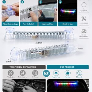 Solar Led High Mount Warning Light Installation Size Installation and size reference showing suction cups, switch, glass mounting, and 212 mm size graphic.