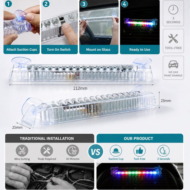 Solar Led High Mount Warning Light Installation Size Installation and size reference showing suction cups, switch, glass mounting, and 212 mm size graphic.