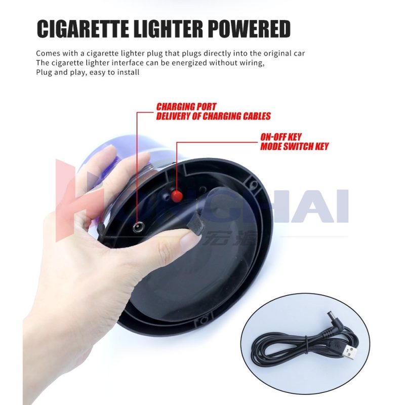 Solar Red Blue Magnetic Beacon Warning Light Charging Cable Switch Source graphic showing charging port, charging cable, on-off key, and mode switch key references.