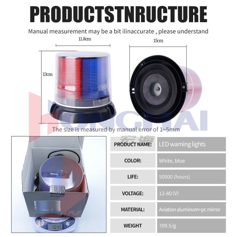 Solar Red Blue Magnetic Beacon Warning Light Dimensions Specs Source specification graphic showing dimensions, 12-80V voltage, material wording, life reference, and weight reference.