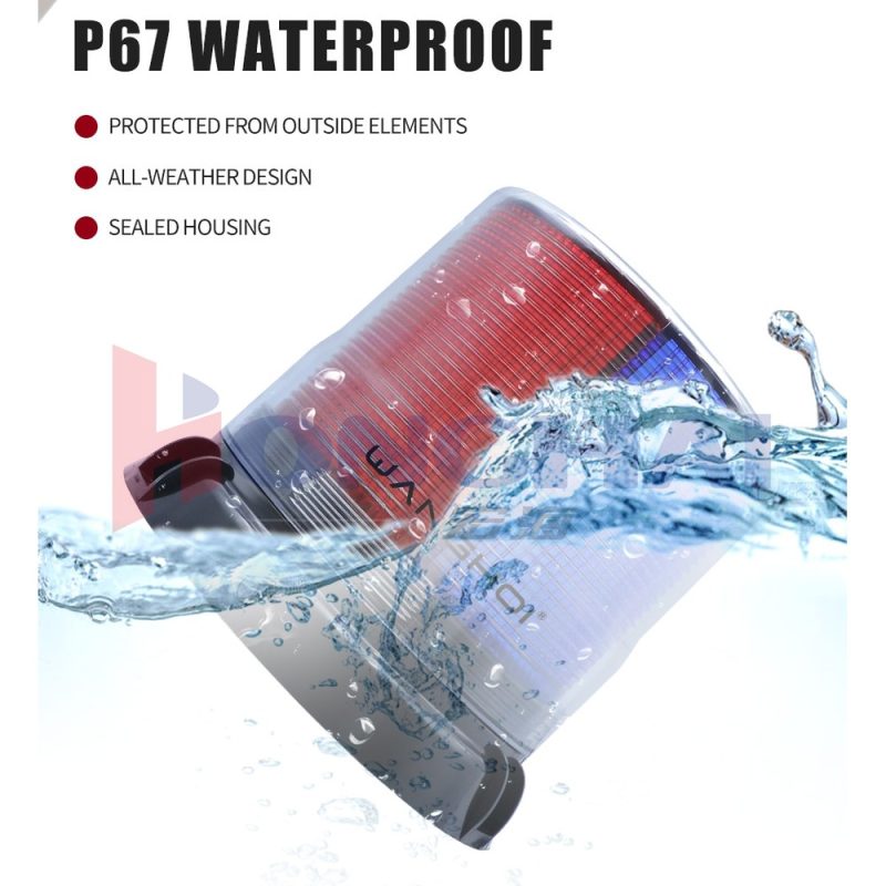 Solar Red Blue Magnetic Beacon Warning Light P67 Waterproof Source waterproof graphic with P67 wording for buyer confirmation before production.