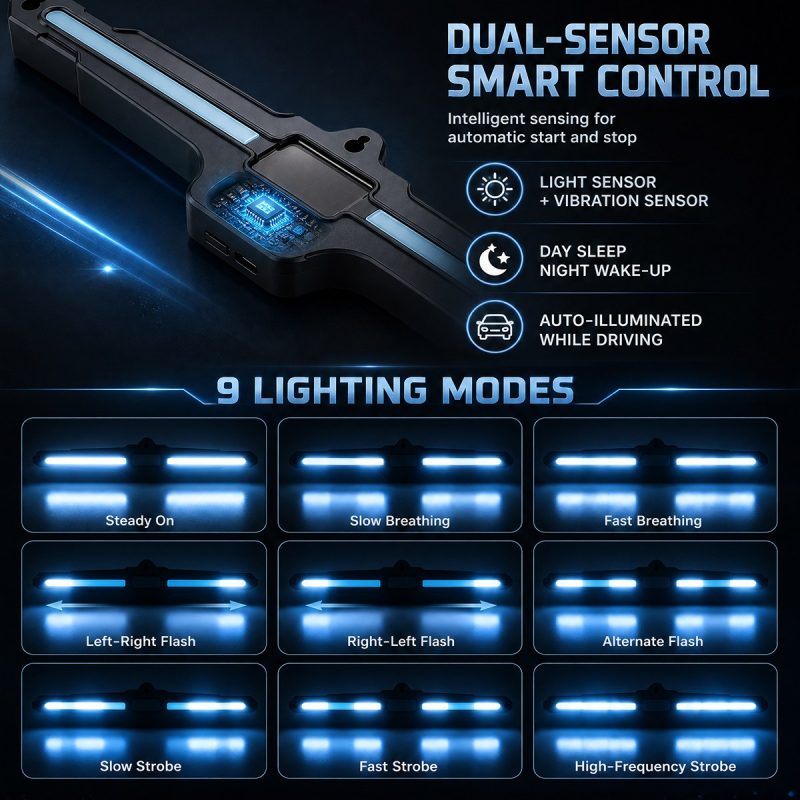 Source graphic showing light sensor plus vibration sensor and 9 lighting mode references.