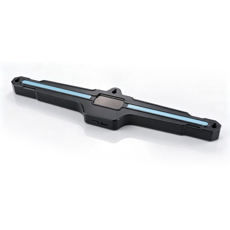 Angled product view showing the solar panel area, Type-C port, and long blue light bars.