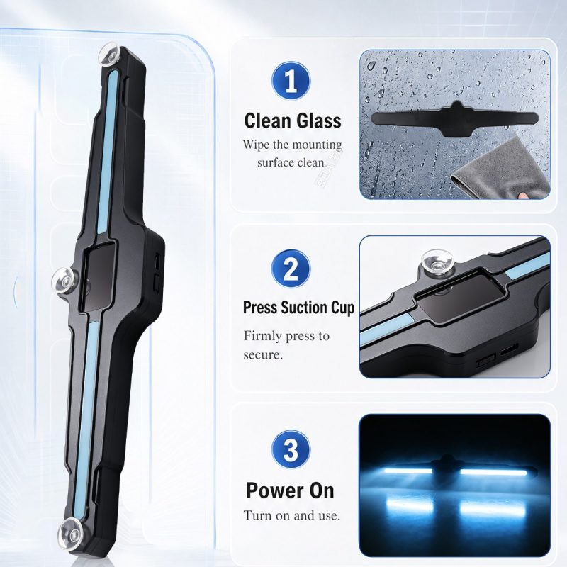 Installation reference showing clean glass, press suction cup, and power-on steps.