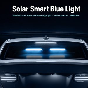 English overview showing wireless anti-rear-end warning light direction, smart sensor, and 9-mode reference.