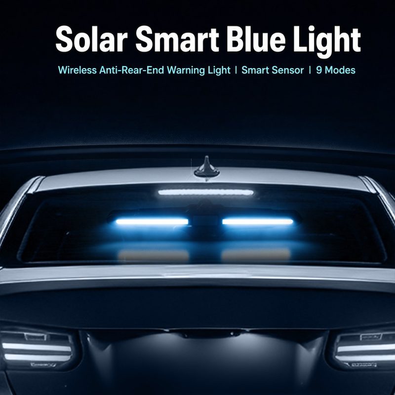 English overview showing wireless anti-rear-end warning light direction, smart sensor, and 9-mode reference.