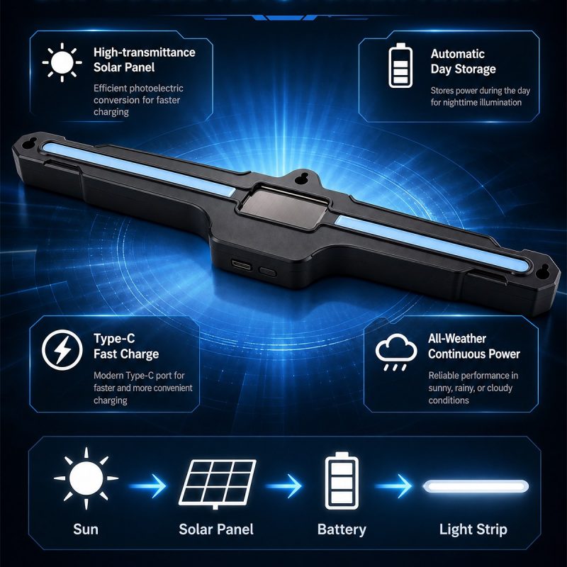 Source graphic showing solar panel, automatic day storage, Type-C charging, and all-weather reference.