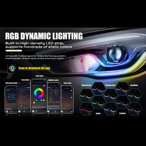 Square Mecha 5D Rgb Angel Eye Shroud App Control Modes English RGB dynamic lighting and app-control source graphic for color and mode references.