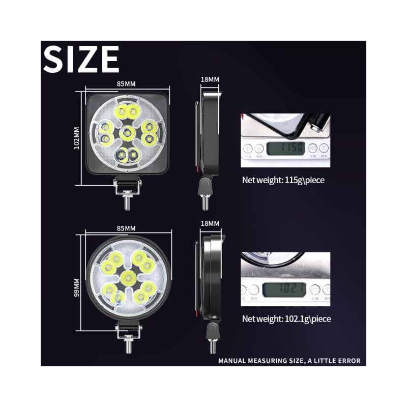 Source size graphic showing square 85 x 102 x 18mm, round 85 x 99 x 18mm, 115g, and 102.1g references.