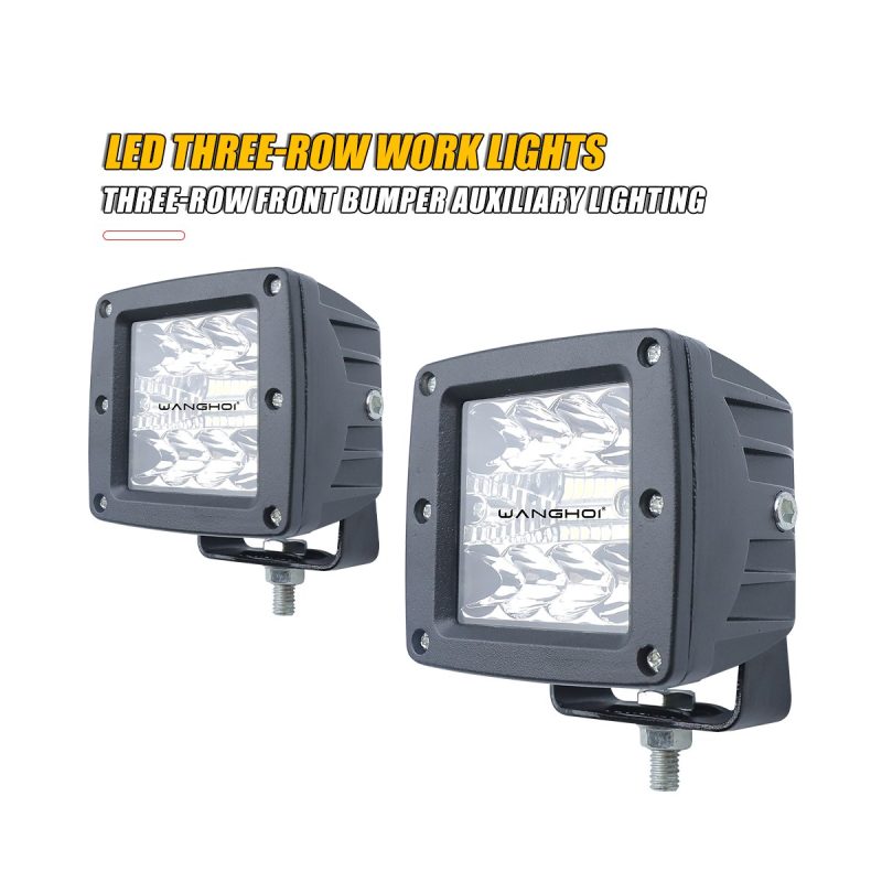 Angle view of square three-row LED work light