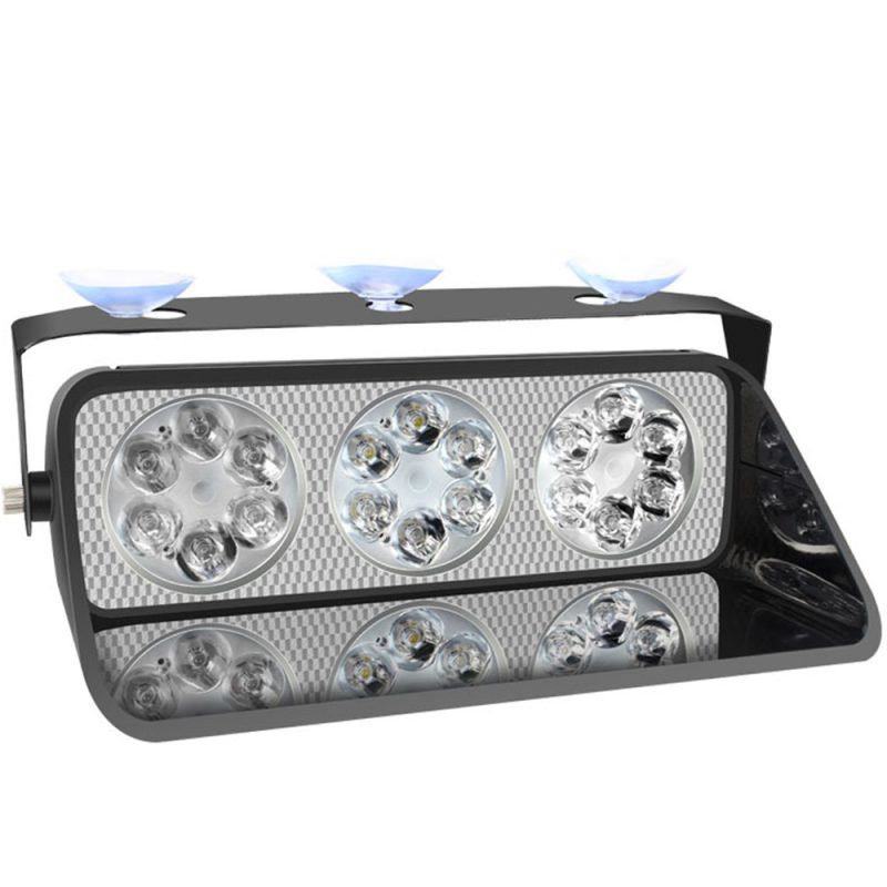 Suction Cup Led Strobe Warning Light Front Close Front close product view showing the three-lens warning light body and suction bracket.