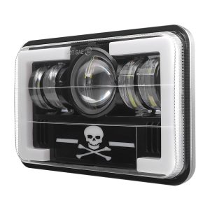 T Pattern Skull 7 Inch Square Led Projector Headlight Angled Angled product view showing the square lens, central projector lens, and side LED modules.