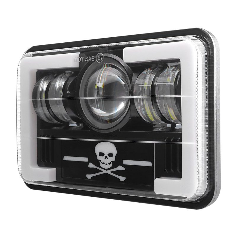 T Pattern Skull 7 Inch Square Led Projector Headlight Angled Angled product view showing the square lens, central projector lens, and side LED modules.