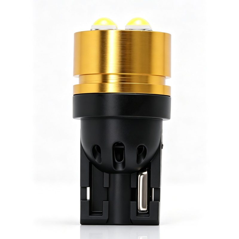 T10 Dual Sided Cob Led Wedge Bulb Black Gold Front Front view of the black-gold housing option with T10 wedge base.