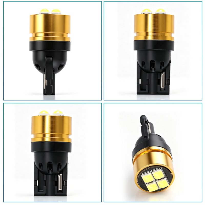 T10 Dual Sided Cob Led Wedge Bulb Black Gold Multi Angle Multi-angle black-gold housing reference showing side, front, rear, and top LED views.