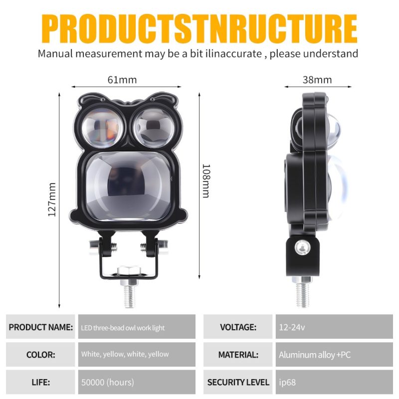 Three Bead Owl Led Work Light Source Specifications Source specification graphic with dimensions, voltage, material, life, and IP68 wording.