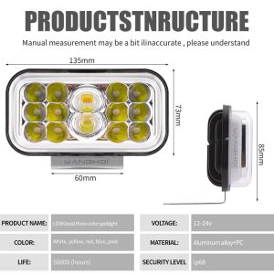 Three Color Frame Motorcycle Led Spotlight Long Dimensions Specs Long-option source specification graphic showing 135mm front width, 73mm height, 60mm bracket reference, 12-24V voltage, aluminum alloy + PC material,