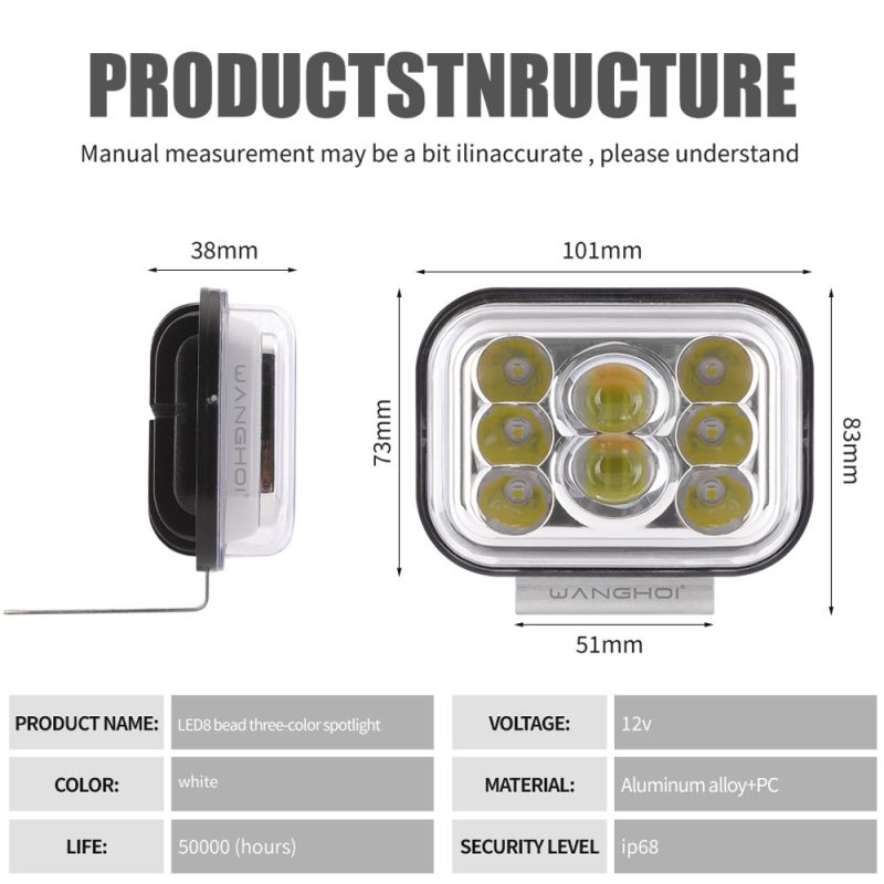 Three Color Frame Motorcycle Led Spotlight Short Dimensions Specs Short-option source specification graphic showing 101mm front width, 73mm body height, 51mm bracket reference, 12V voltage, aluminum alloy + PC materi