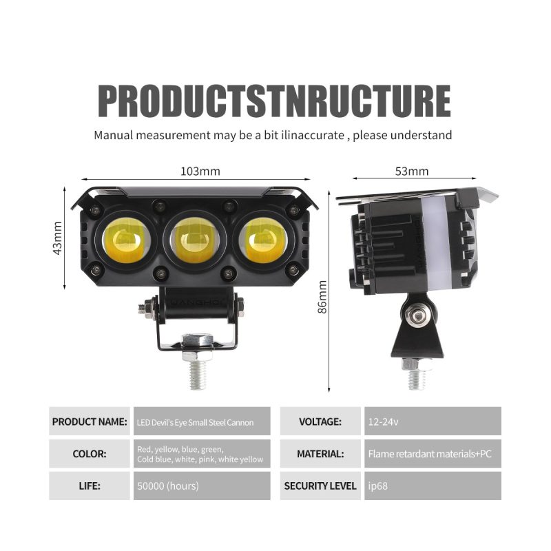 Three Lens Devil Eye Small Steel Cannon Led Spotlight Dimensions Source structure graphic showing 103mm width, 43mm front height, 53mm housing depth, 86mm side height, 12-24V input, and IP68 reference.