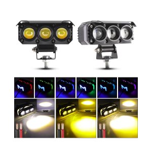 Three Lens Devil Eye Small Steel Cannon Led Spotlight Lighting Modes Lighting reference graphic showing white, yellow, white-yellow output and multiple RGB backlight colors.