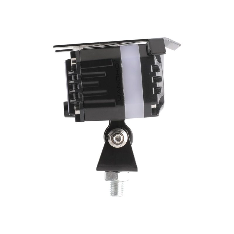 Three Lens Small Steel Cannon Led Spotlight Side View Side housing view showing rear depth, cooling body, and mounting bracket direction.