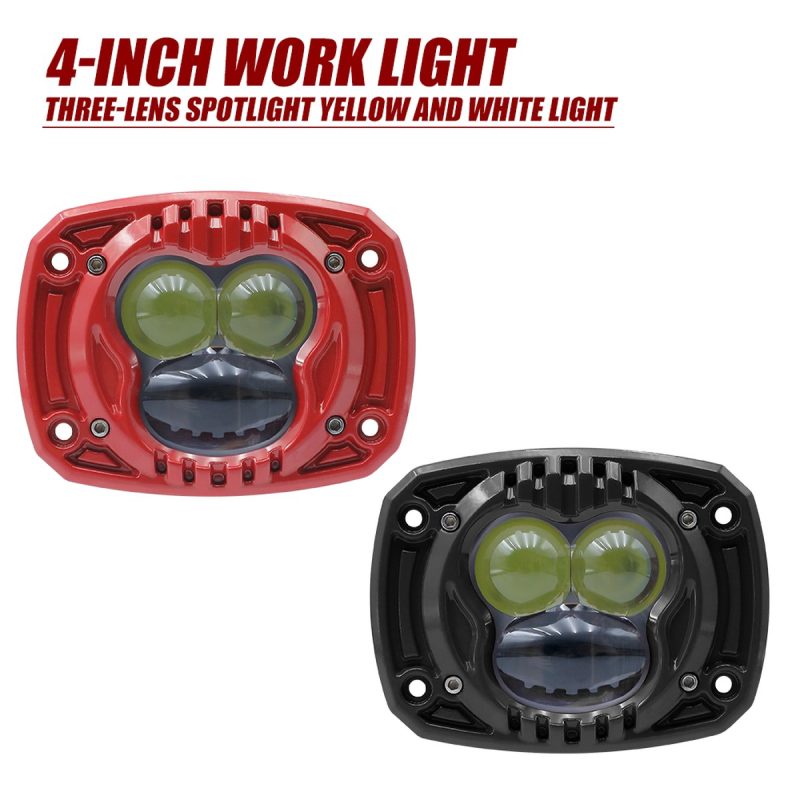 Three Lens Yellow White Led Fog Work Light Red Black Front Front product reference showing red and black housing options.