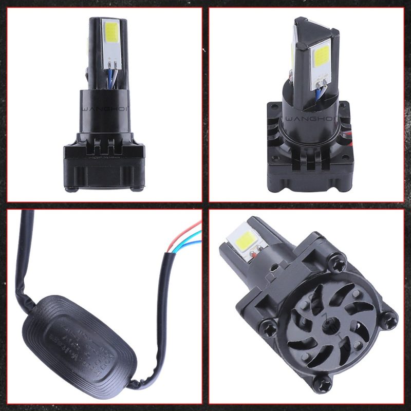 Three Sided Wide Voltage Led Motorcycle Headlight Bulb Kit Three-sided bulb kit reference with external driver wiring and adapter hardware.