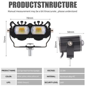Tiger Head Twin Bead Led Motorcycle Spotlight Structure Specs Source parameter graphic showing 12-24V input, material, and size references.