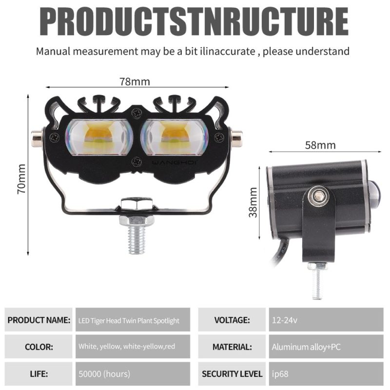 Tiger Head Twin Bead Led Motorcycle Spotlight Structure Specs Source parameter graphic showing 12-24V input, material, and size references.
