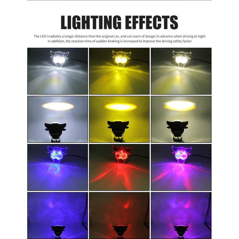 Transparent Bull Head Led Motorcycle Work Light Lighting Effects Lighting-effect reference showing white, yellow, mixed, blue, red, and purple visual examples from the supplied image.