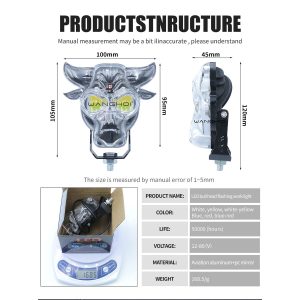 Transparent Bull Head Led Motorcycle Work Light Structure Specs Source structure graphic showing 100mm width, 105mm front height, 45mm depth, 12-80V, and 168.5g references.