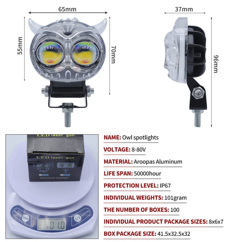 Transparent Colorful Owl Led Motorcycle Spotlight Specification Supplied specification graphic listing dimensions, 8-80V reference, IP67 source rating, and packaging notes.