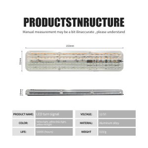 Transparent Motorcycle Led Turn Signal Strip Dimensions Specifications Source specification graphic showing 153 x 32 x 10mm size, 12V input, color references, aluminum alloy material reference, and 50,000-hour life refere