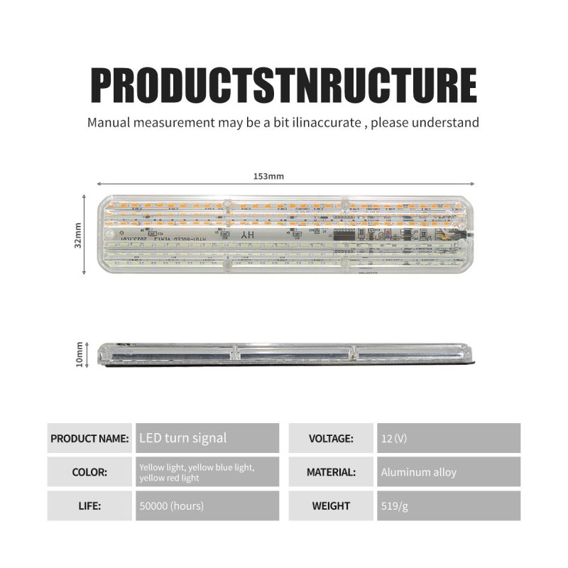 Transparent Motorcycle Led Turn Signal Strip Dimensions Specifications Source specification graphic showing 153 x 32 x 10mm size, 12V input, color references, aluminum alloy material reference, and 50,000-hour life refere