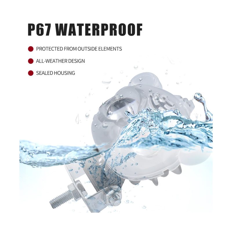 Transparent Small Tiger Head Led Spotlight Ip67 Waterproof Waterproof source graphic showing IP67 wording and all-weather design wording.