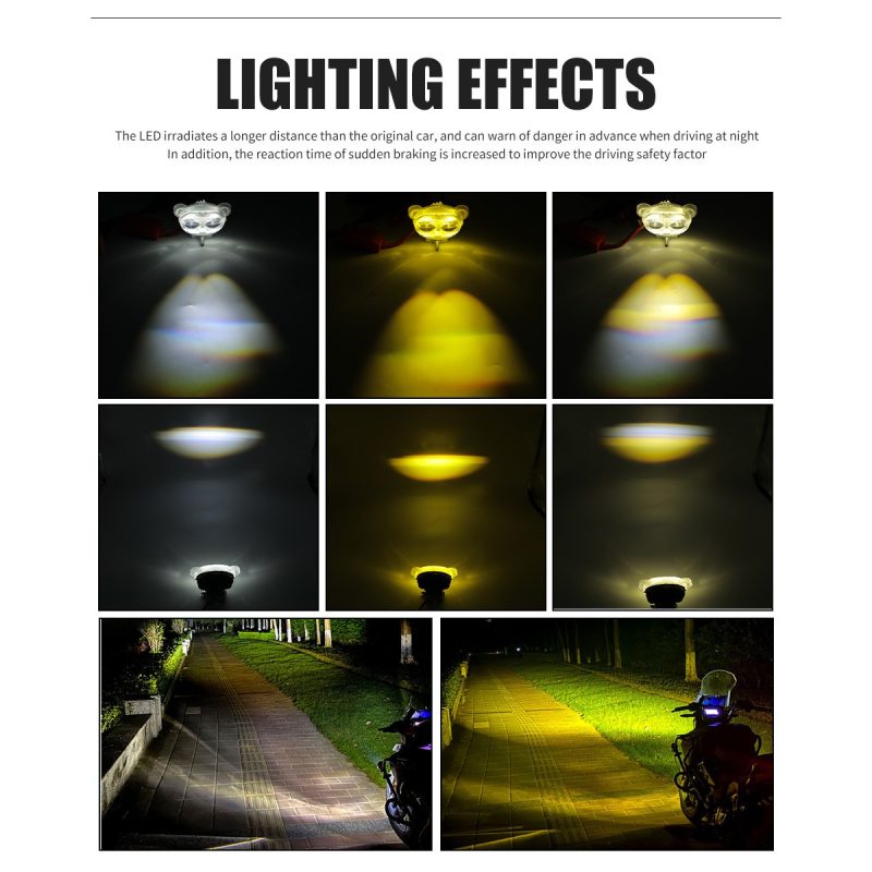 Transparent Small Tiger Head Led Spotlight Lighting Effects Lighting-effect graphic with white, yellow, and road beam references.