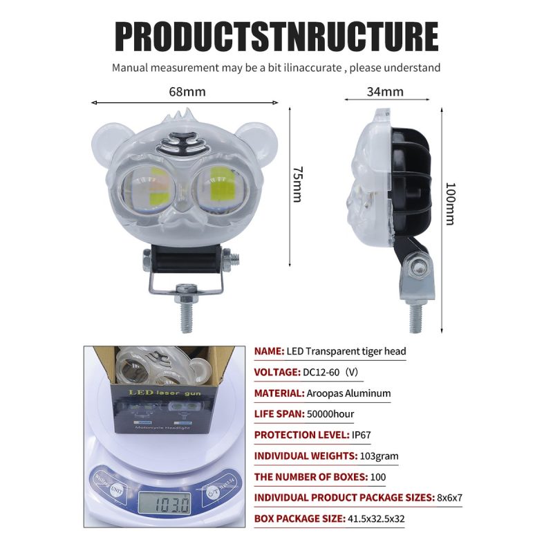 Transparent Small Tiger Head Led Spotlight Structure Specs Source structure graphic showing DC12-60V, IP67, dimensions, weight, material, and packing references.