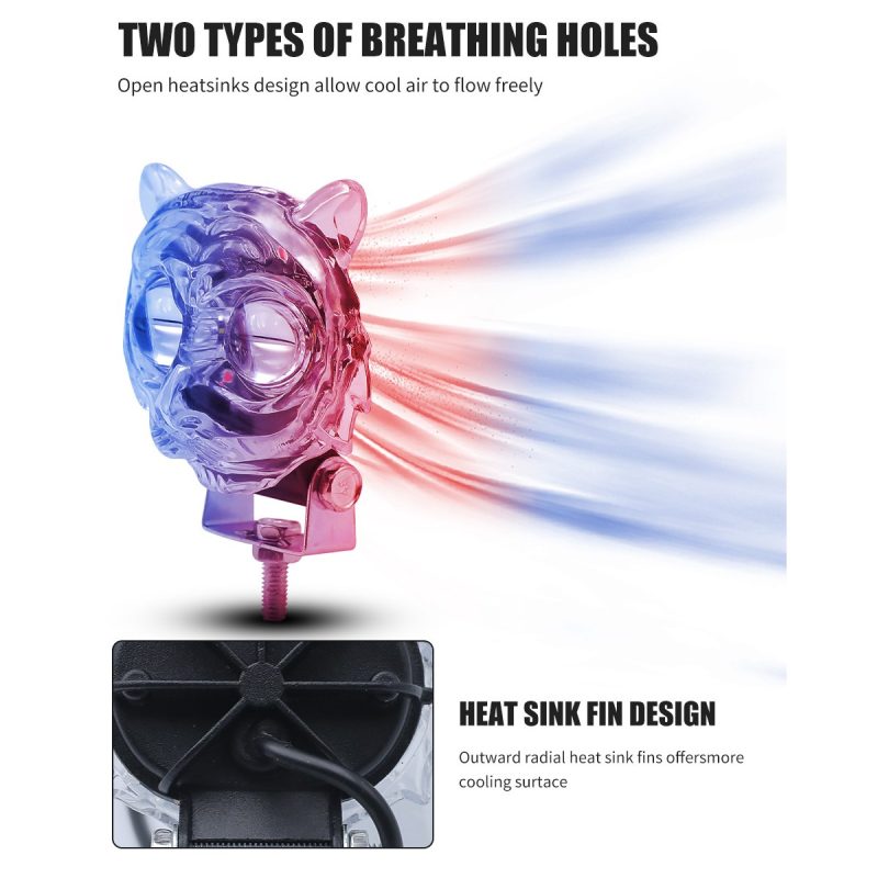 Transparent Tiger Led Motorcycle Spotlight Heat Sink Reference Heat-sink and open-breathing-hole graphic from the supplied detail images.