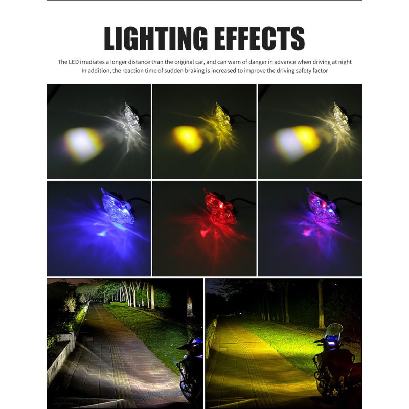 Transparent Tiger Led Motorcycle Spotlight Lighting Effects Lighting-effect graphic showing white, yellow, mixed, blue, red, and purple color references.