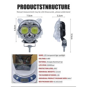 Transparent Tiger Led Motorcycle Spotlight Structure Specs Source structure graphic showing 8-80V, IP67, size, weight, material, and packing references.