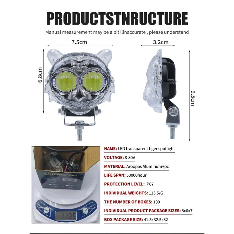 Transparent Tiger Led Motorcycle Spotlight Structure Specs Source structure graphic showing 8-80V, IP67, size, weight, material, and packing references.