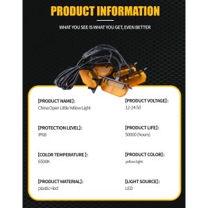 Trapezoid model source specification graphic listing 12-24V, IP68, 6500K, yellow light, plastic plus LED, and 50,000-hour life reference.
